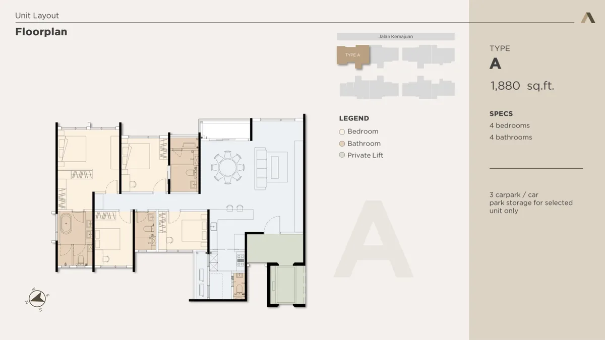 Type A floor plan — 1,880 sq ft, 4 bedrooms, private lift