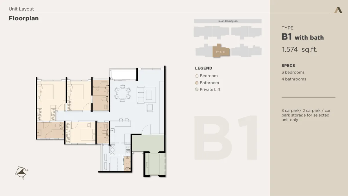 Type B1 with bath floor plan — 1,574 sq ft, 3 bedrooms, private lift