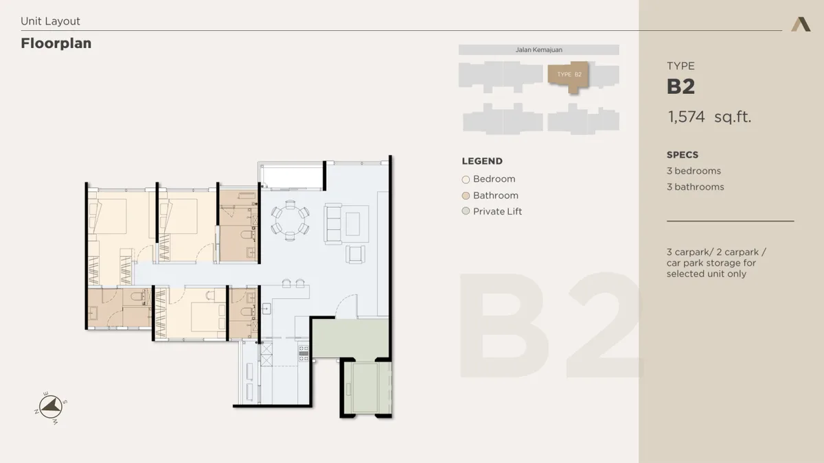Type B2 floor plan — 1,574 sq ft, 3 bedrooms, private lift