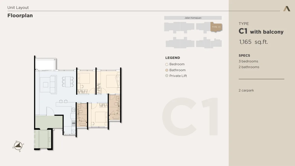 Type C1 with balcony floor plan — 1,165 sq ft, 3 bedrooms, private lift