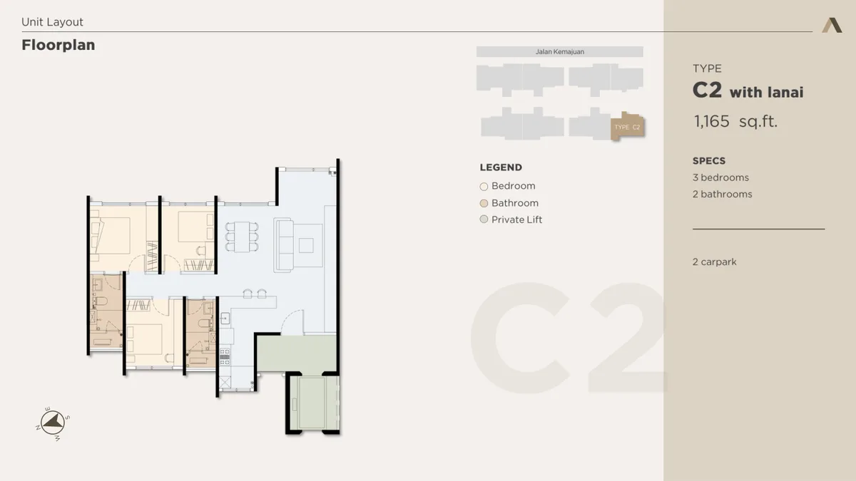Type C2 with lanai floor plan — 1,165 sq ft, 3 bedrooms, private lift