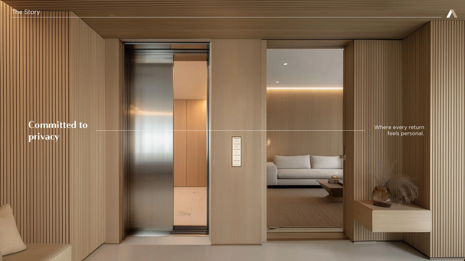 Private lift lobby opening into a living room, interior lifestyle photo