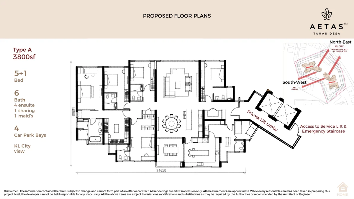 Type A floor plan — 3,835 sq ft, 5+1 bedrooms, private lift lobby