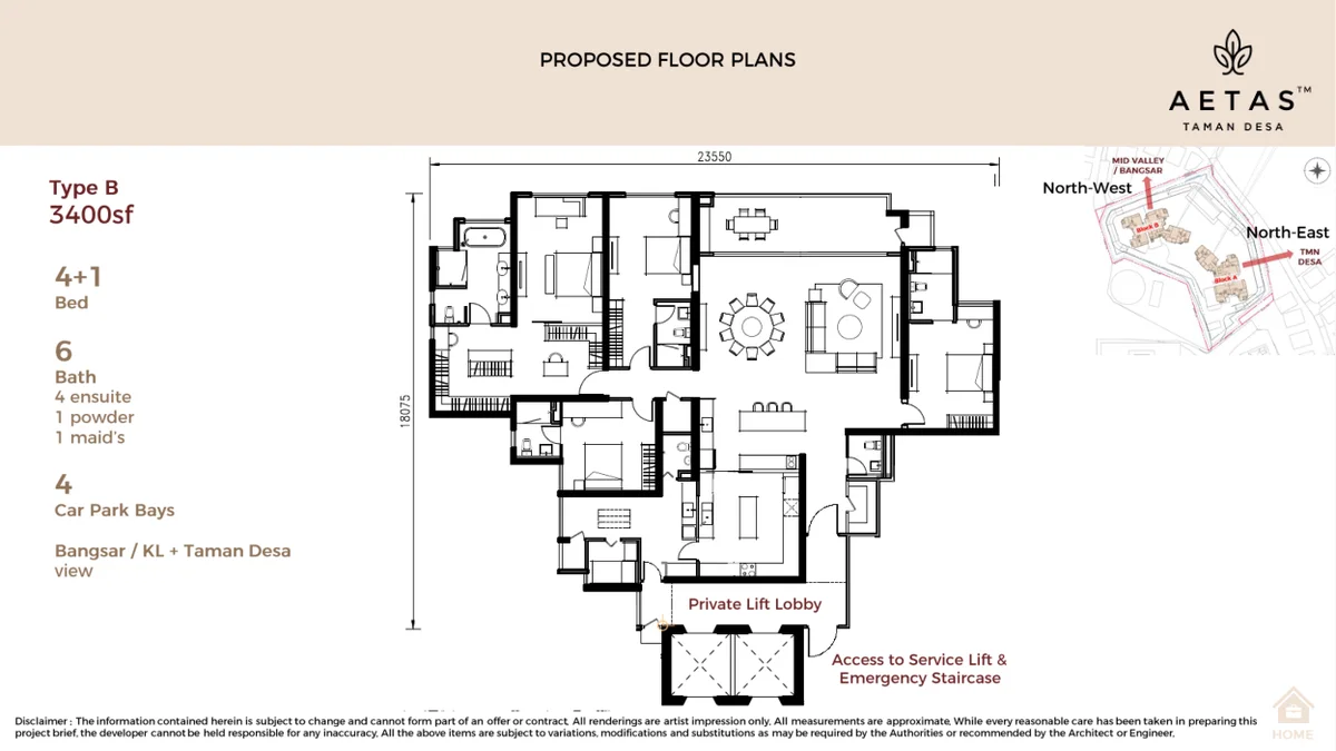 Type B floor plan — 3,365 sq ft, 4+1 bedrooms, private lift lobby