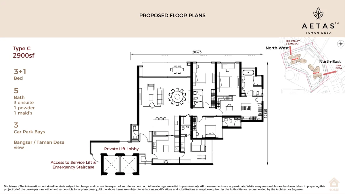 Type C floor plan — 2,885 sq ft, 3+1 bedrooms, private lift lobby