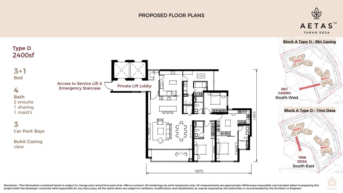Type D floor plan — 2,400 sq ft, 3+1 bedrooms, private lift lobby