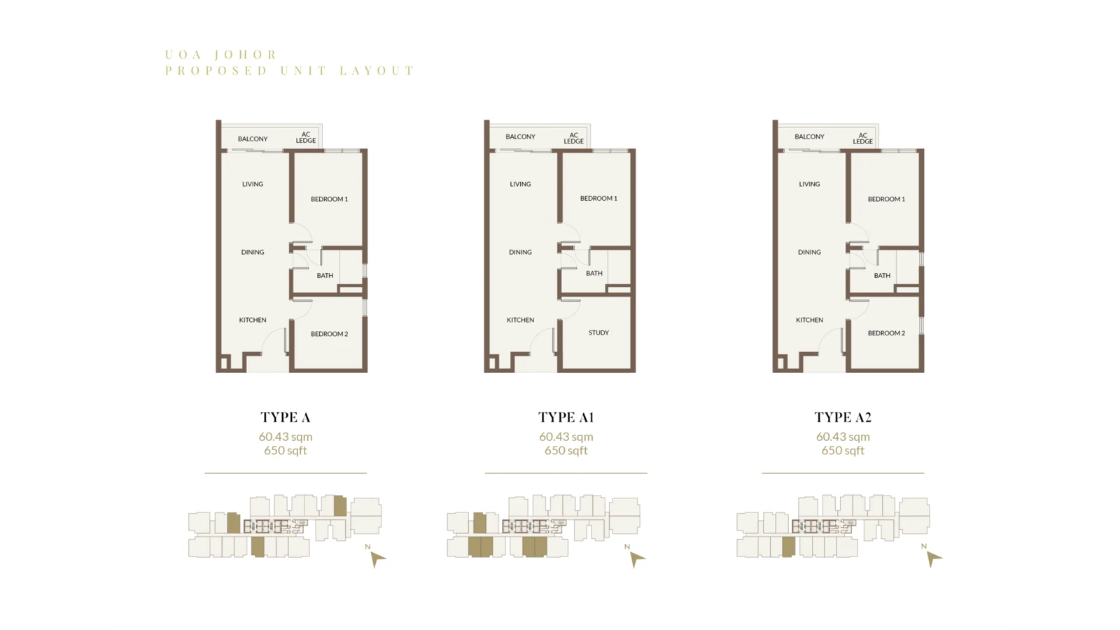 Aethera Residences Type A, A1, A2 floor plans — 650 sq ft