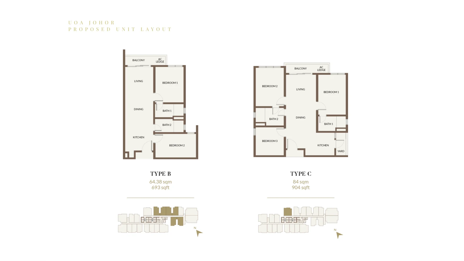 Aethera Residences Type B and C floor plans — 693 and 904 sq ft