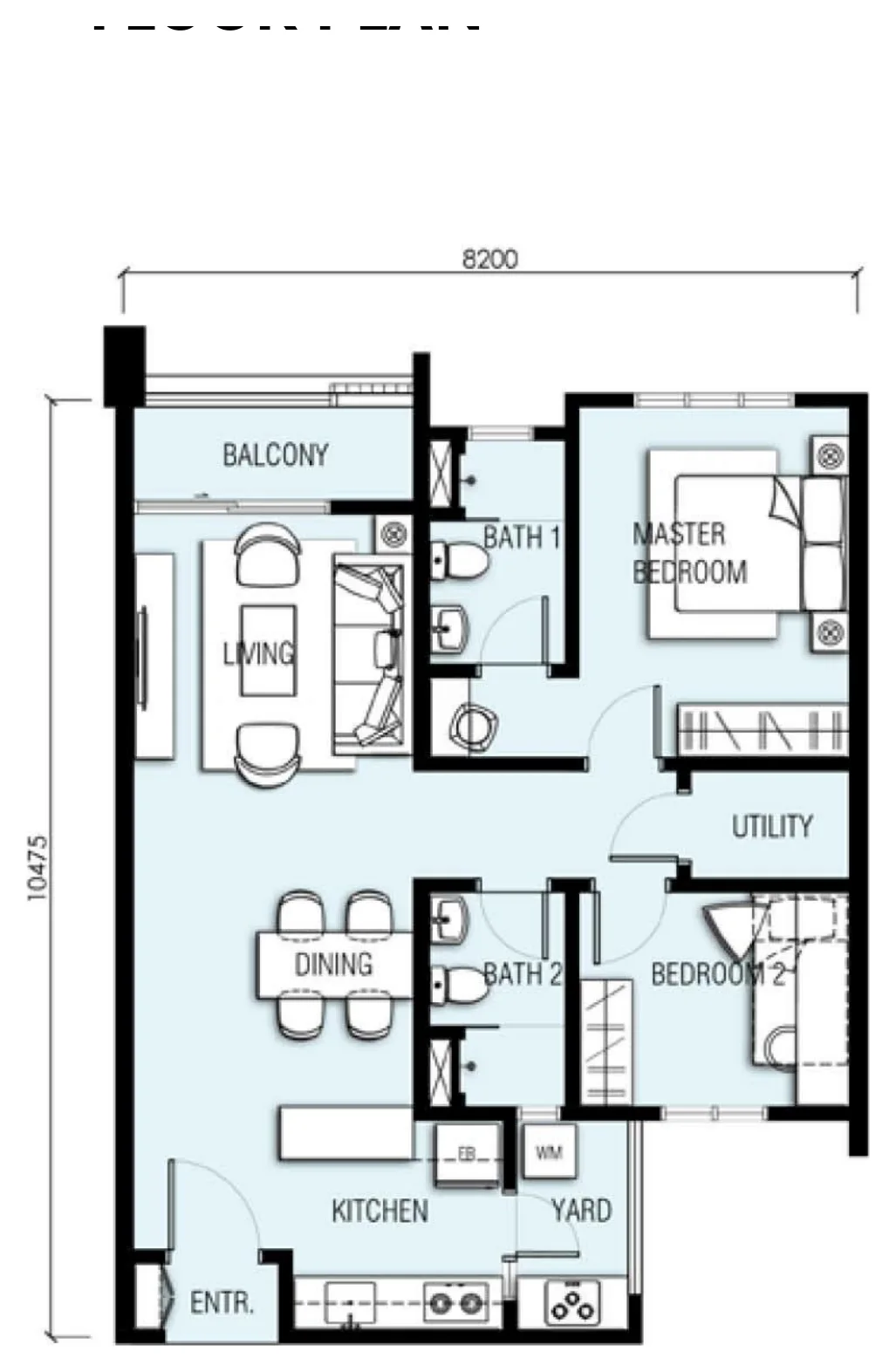 AKASA Type A floor plan — 850 sq ft, 2 bedrooms