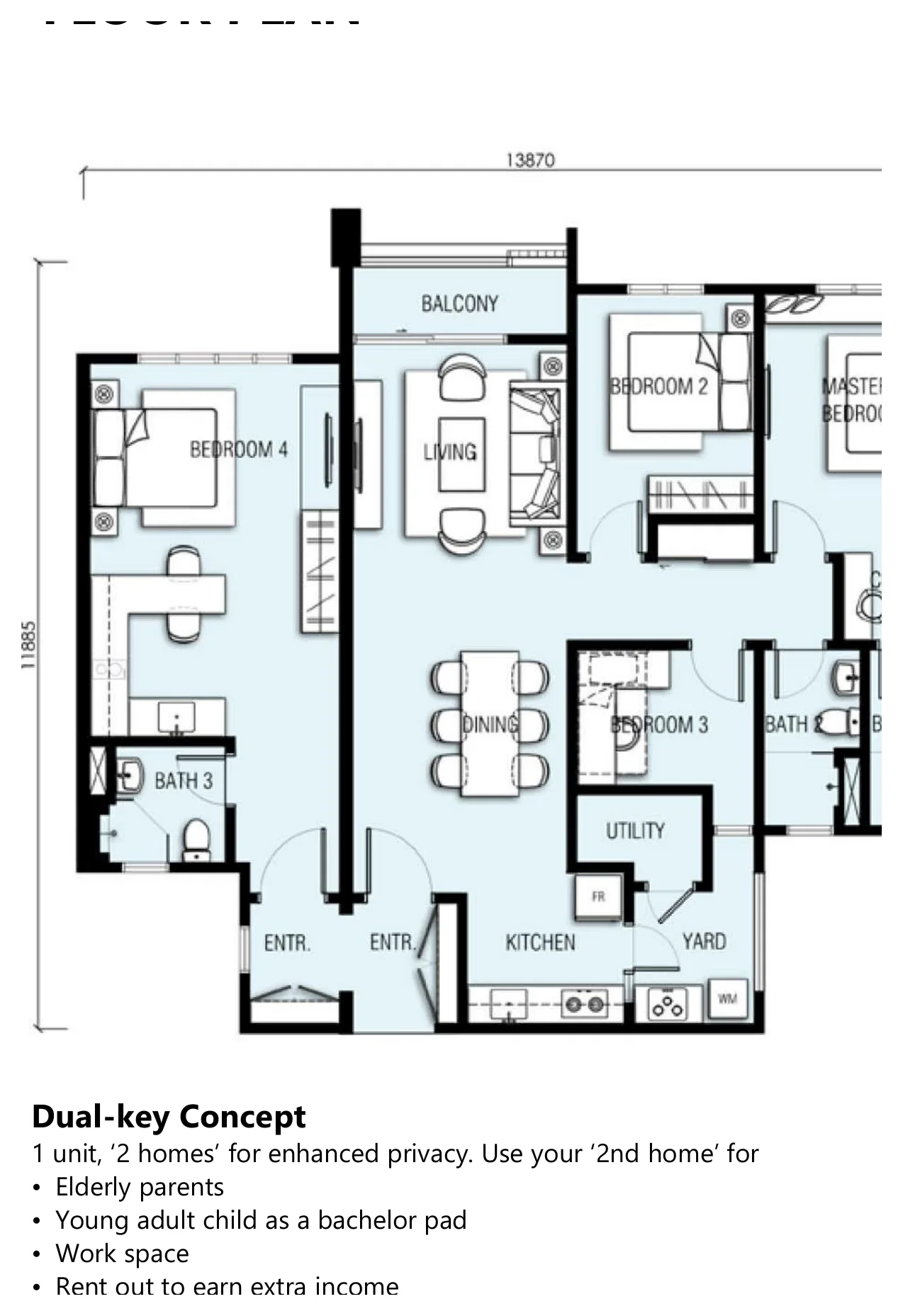 AKASA Type D dual key floor plan — 1,500 sq ft, 4 bedrooms