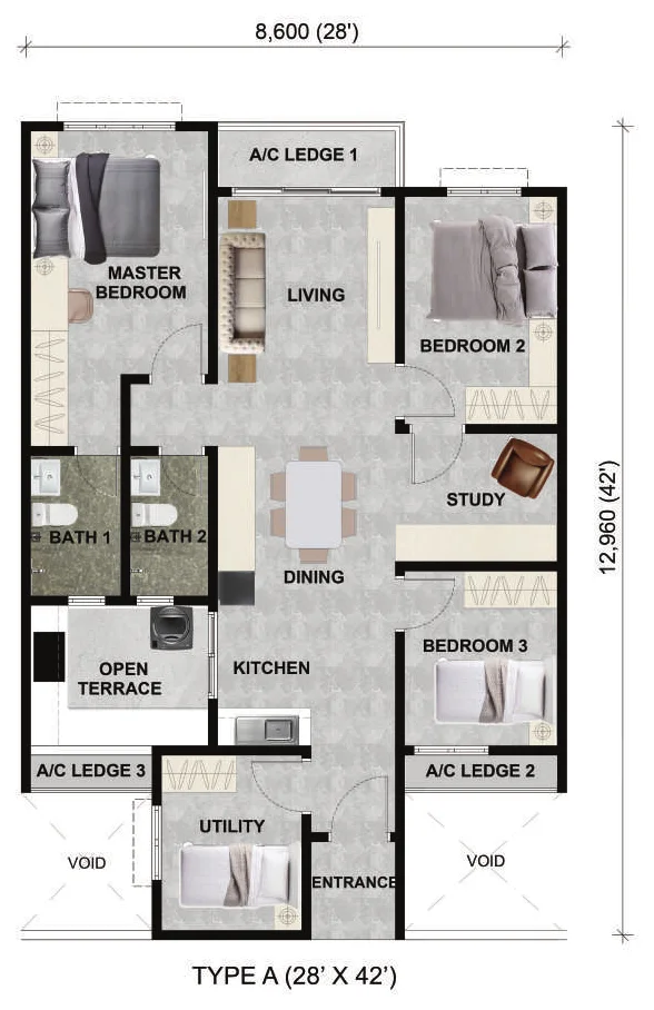 Alamanda Heights Type A floor plan — 1,050 sq ft