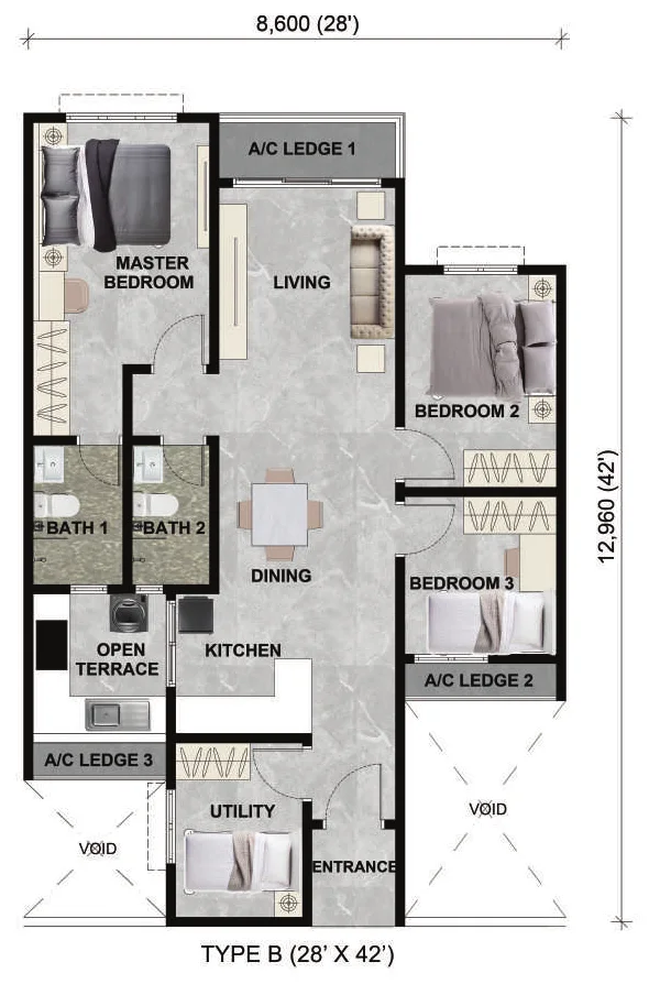 Alamanda Heights Type B floor plan — 971 sq ft