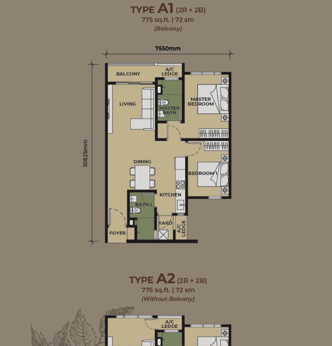 The Aldenz Type A floor plan — 775 sq ft, 2 bedrooms