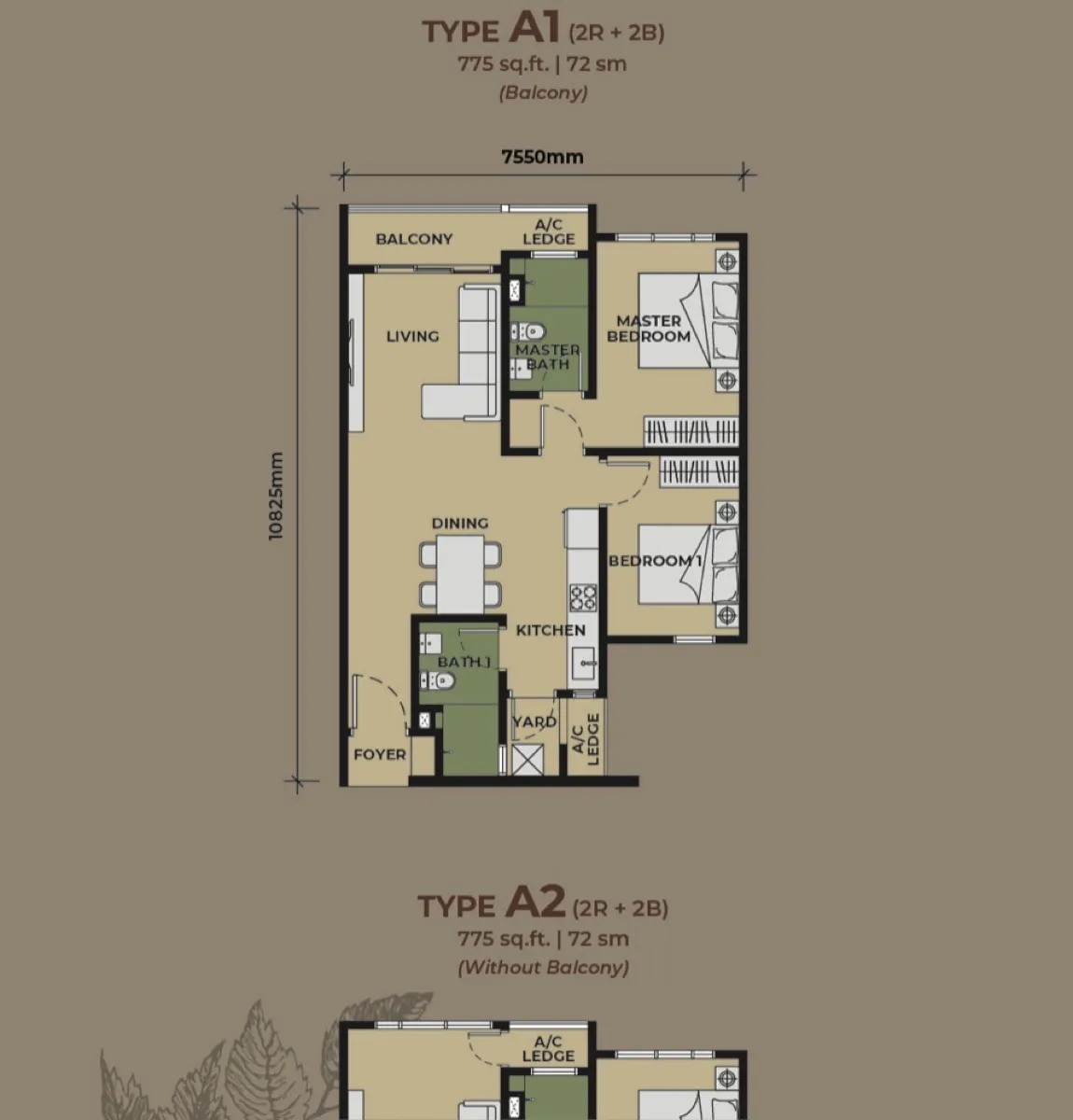 The Aldenz Type A floor plan — 775 sq ft, 2 bedrooms
