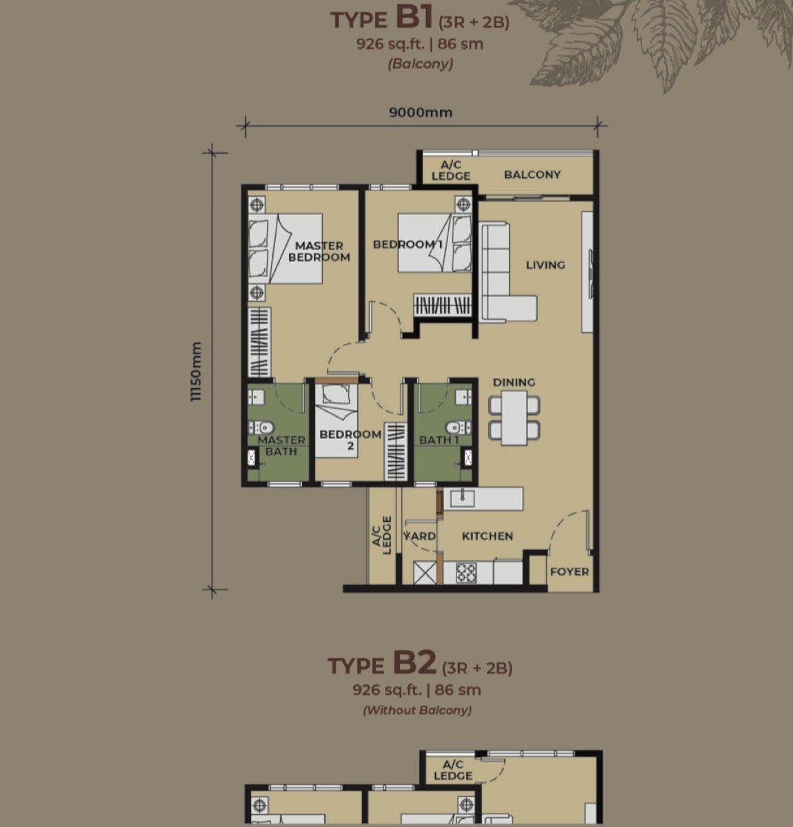 The Aldenz Type B floor plan — 926 sq ft, 3 bedrooms