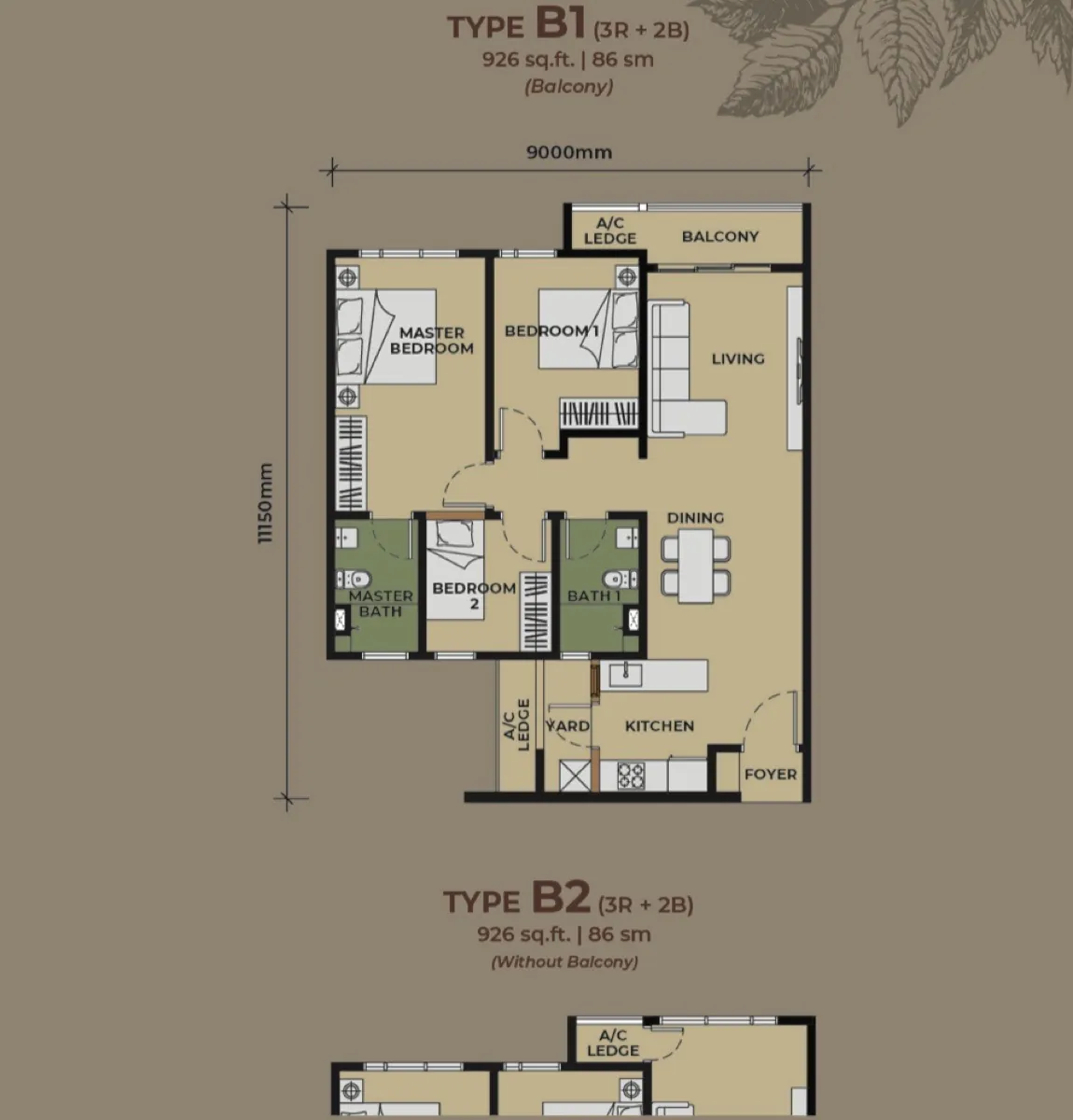 The Aldenz Type B floor plan — 926 sq ft, 3 bedrooms