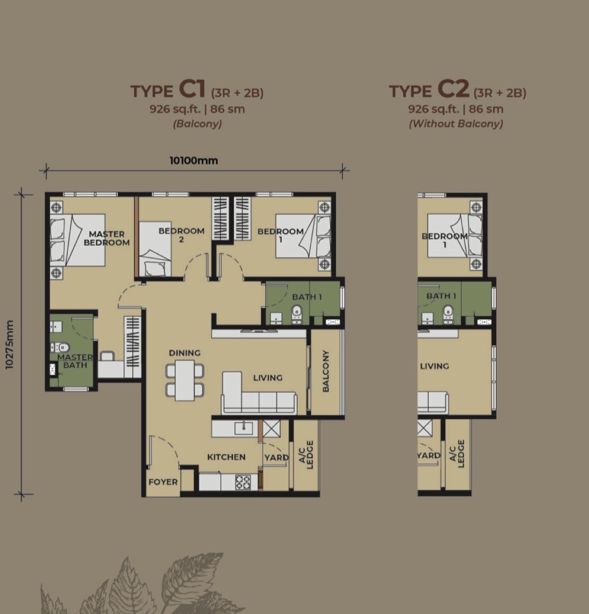 The Aldenz Type C floor plan — 926 sq ft, 3 bedrooms