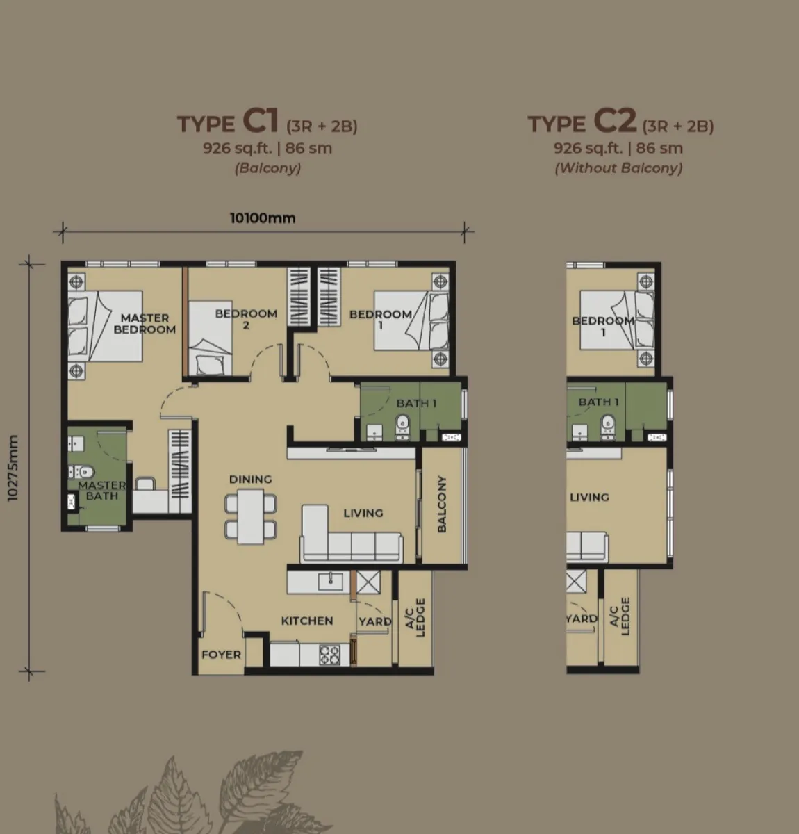 The Aldenz Type C floor plan — 926 sq ft, 3 bedrooms