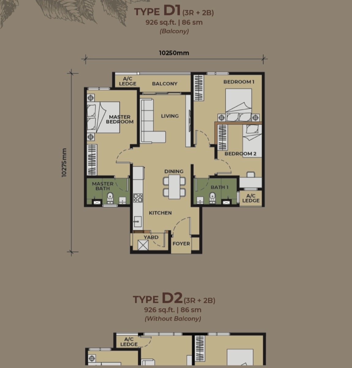 The Aldenz Type D floor plan — 926 sq ft, 3 bedrooms