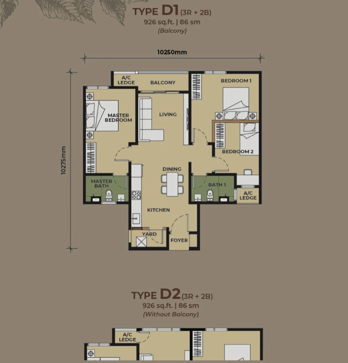 The Aldenz Type D floor plan — 926 sq ft, 3 bedrooms