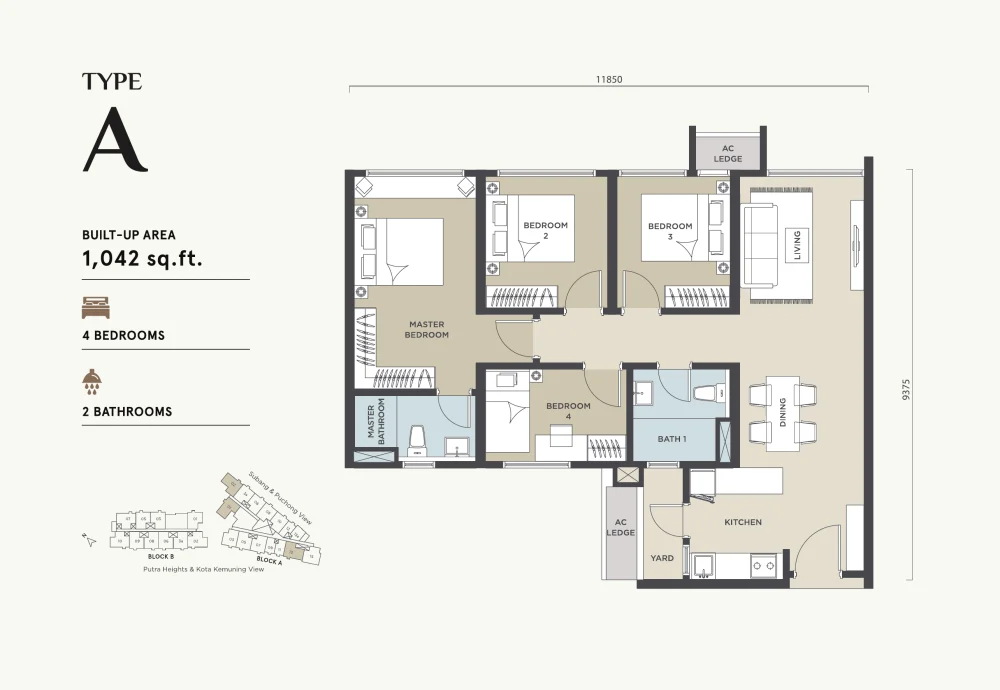 Alora Residences Type A floor plan — 1,042 sq ft, 4 bedrooms