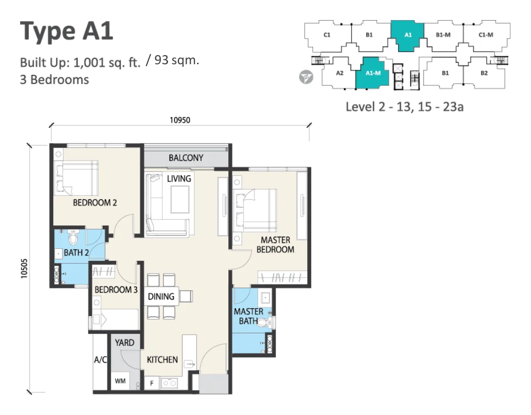 Alstonia Type A1 floor plan — 1,001 sq ft