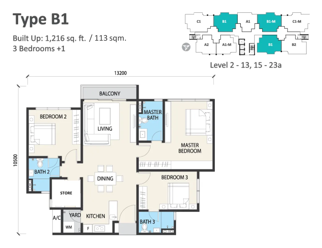 Alstonia Type B1 floor plan — 1,216 sq ft