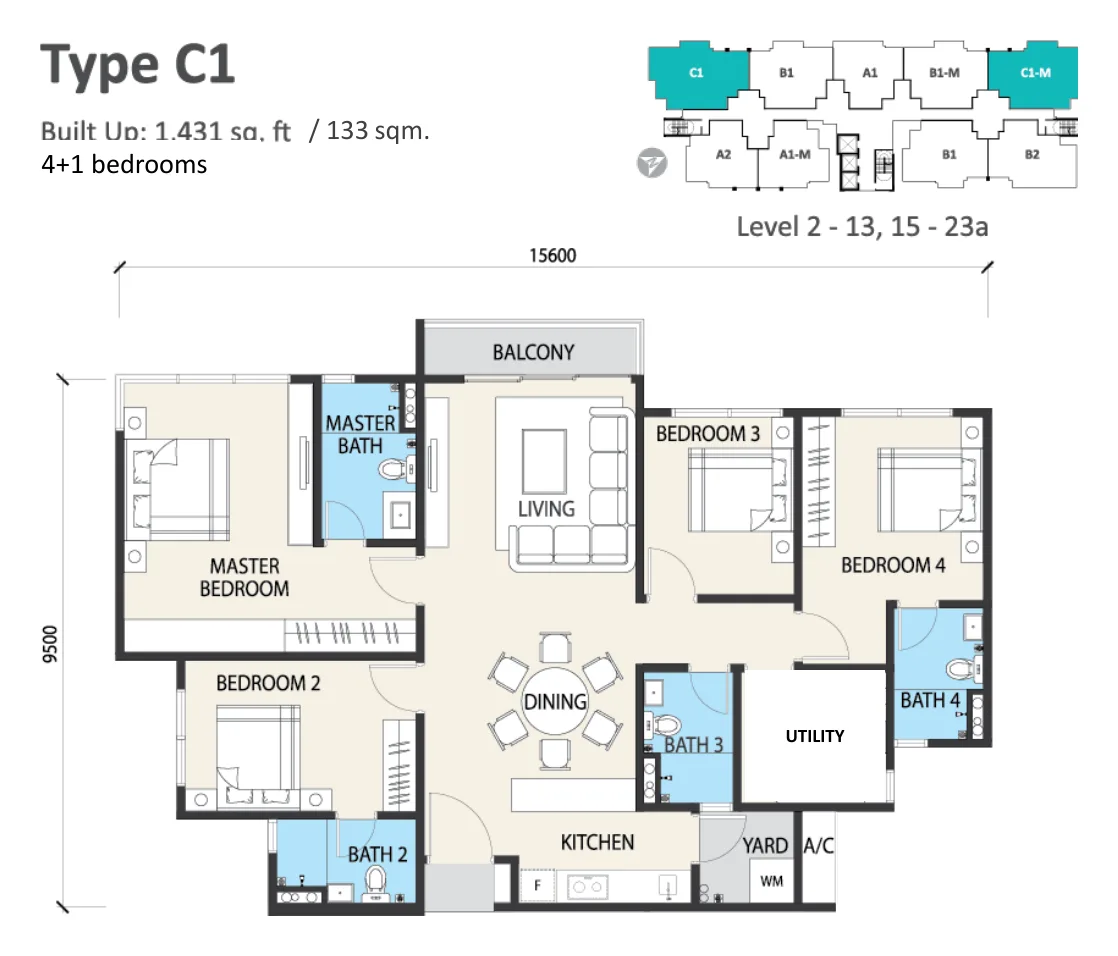 Alstonia Type C1 floor plan — 1,431 sq ft