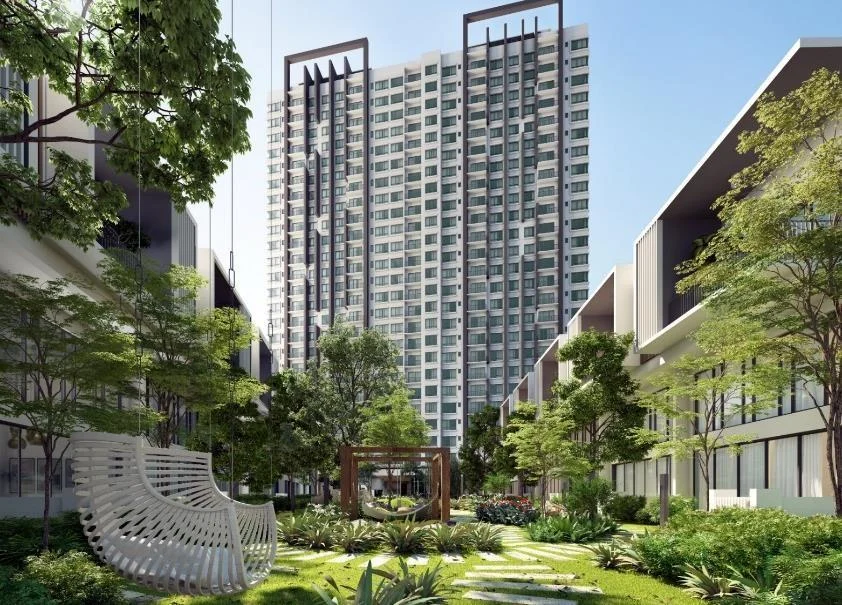 Alstonia Garden Heights tower above landscaped gardens, artist's impression