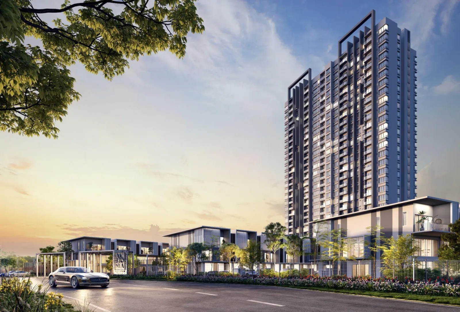 Alstonia tower and Garden Villas at sunrise, artist's impression