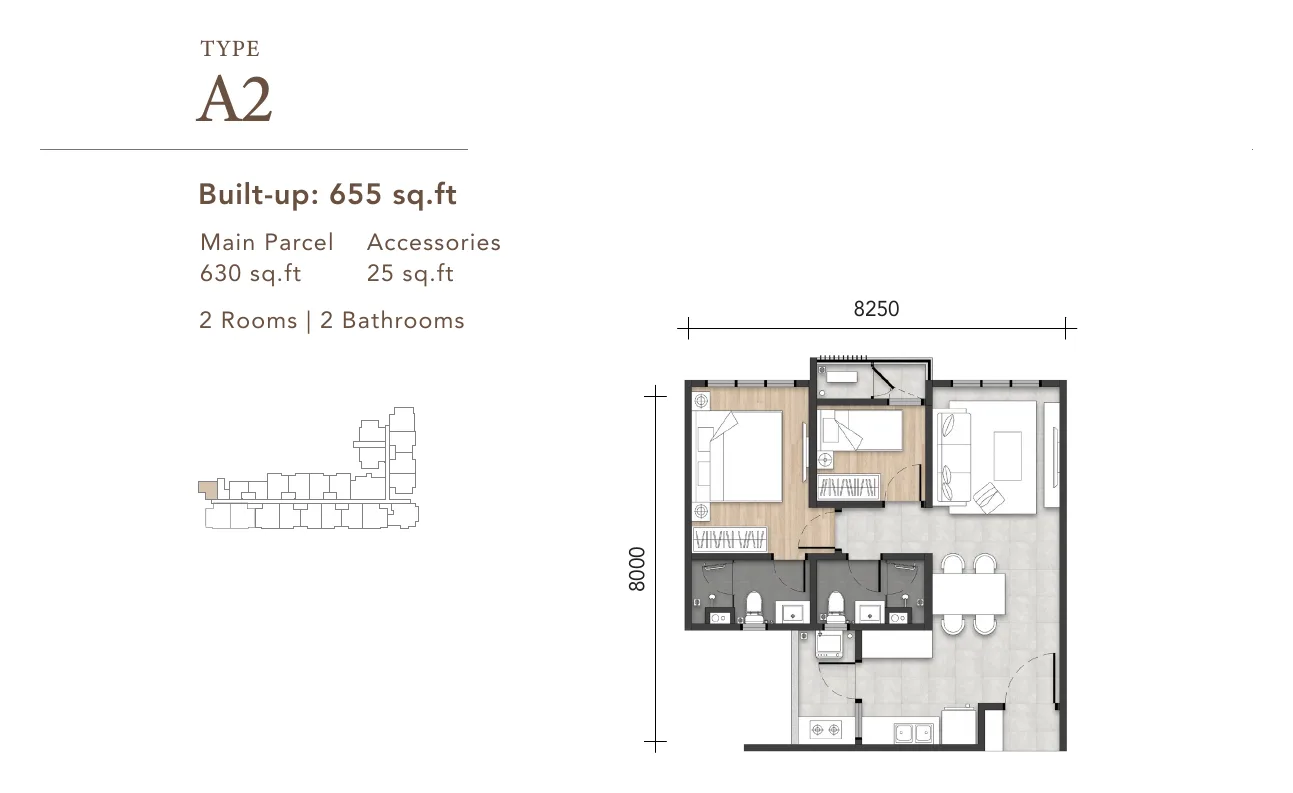 Amara Residences Type A2 floor plan — 655 sq ft, 2 bedrooms