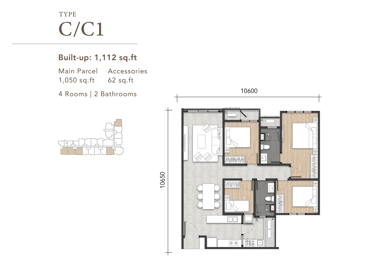 Amara Residences Type C floor plan — 1,112 sq ft