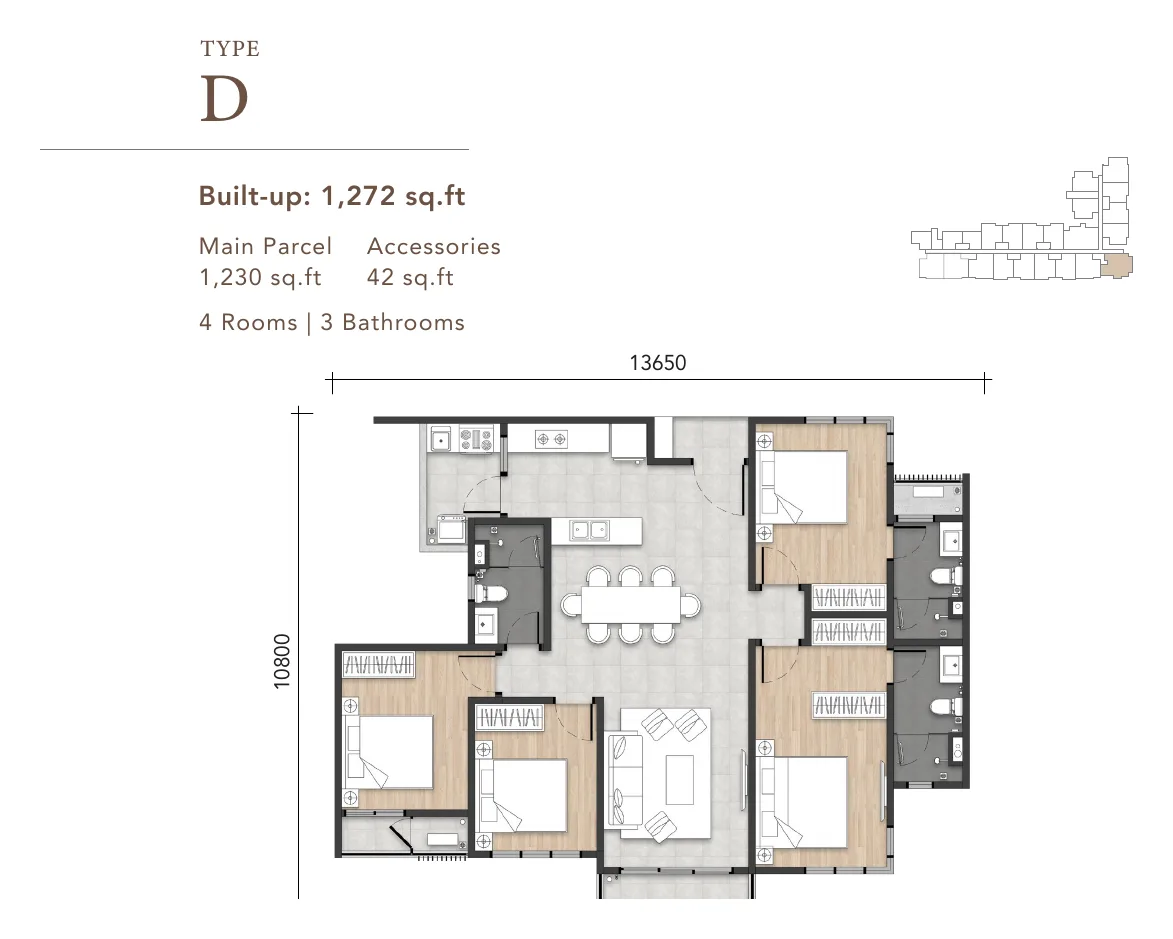 Amara Residences Type D floor plan — 1,272 sq ft, 4 bedrooms