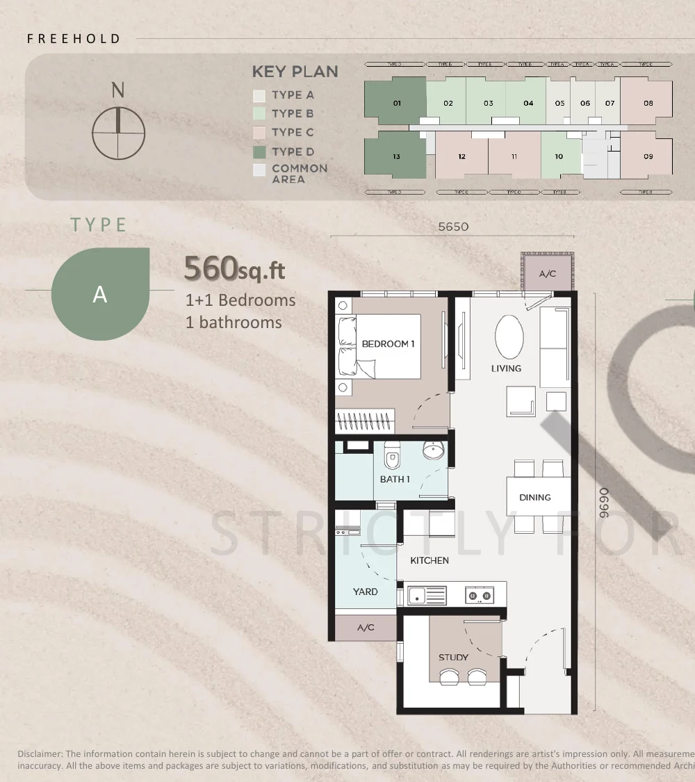 ANYA at Shorea Park Type A floor plan — 560 sq ft, 1+1 bedrooms