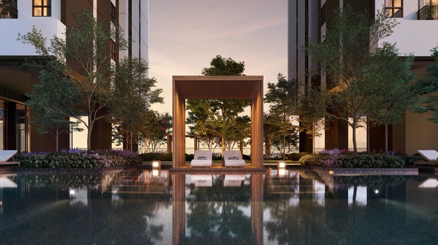 Aras Residences OUG poolside cabana at dusk, artist's impression