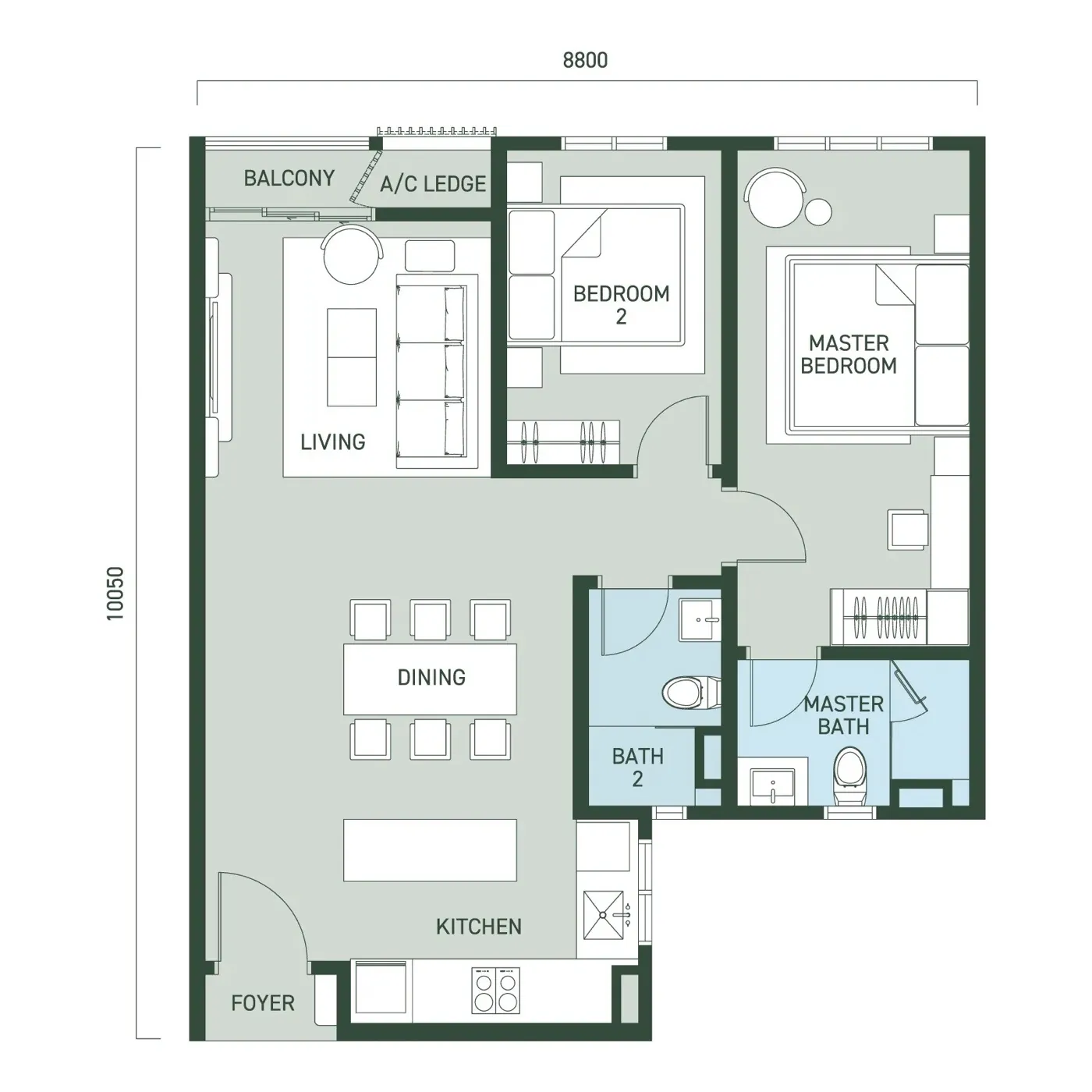 Aras Residences Type A floor plan — 850 sq ft, 2 bedrooms