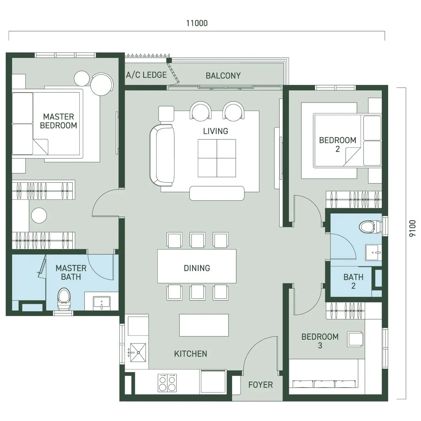 Aras Residences Type B floor plan — 1,062 sq ft, 3 bedrooms