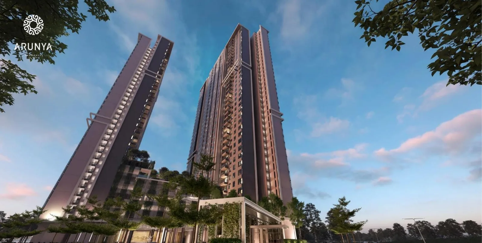 Arunya Residences twin towers, facade night view