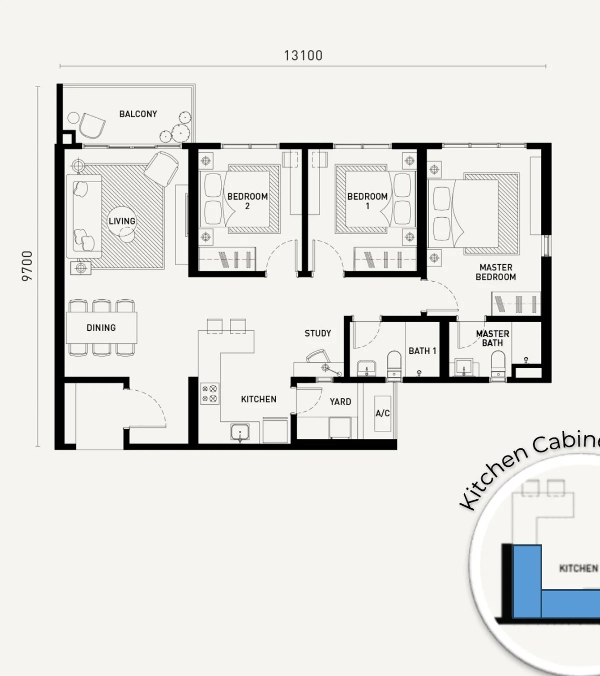 Arunya Residences Type D floor plan — 1,119 sq ft, 3 bedrooms with study