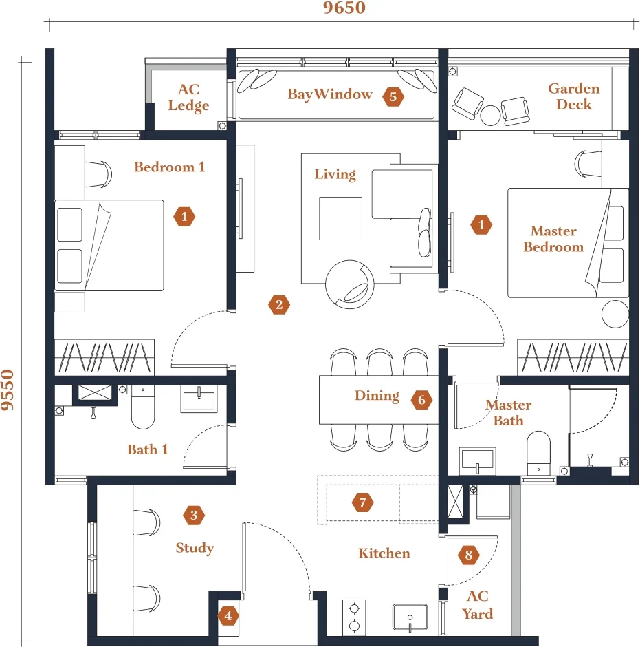 Avantro Residences Type B4 floor plan — 893 sq ft, 2+1 bedrooms