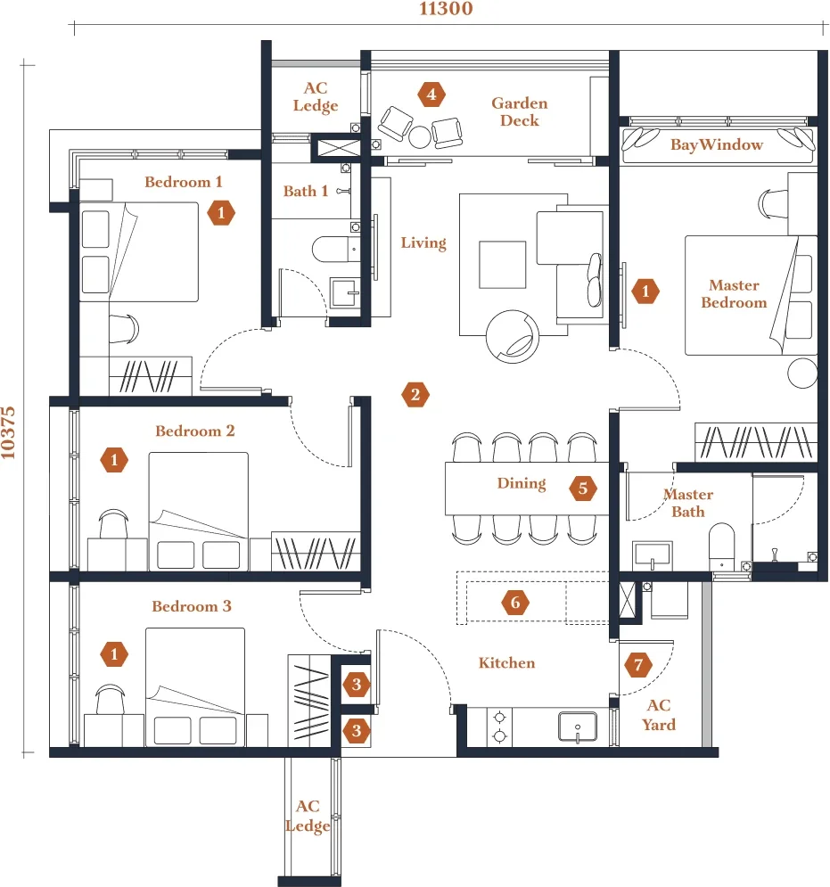 Avantro Residences Type D1 floor plan — 1,152 sq ft, 4 bedrooms