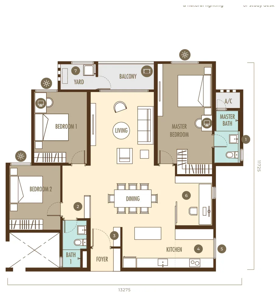 Ayanna Resort Residences Type A floor plan — 1,365 sq ft, 3+1 to 4 bedrooms