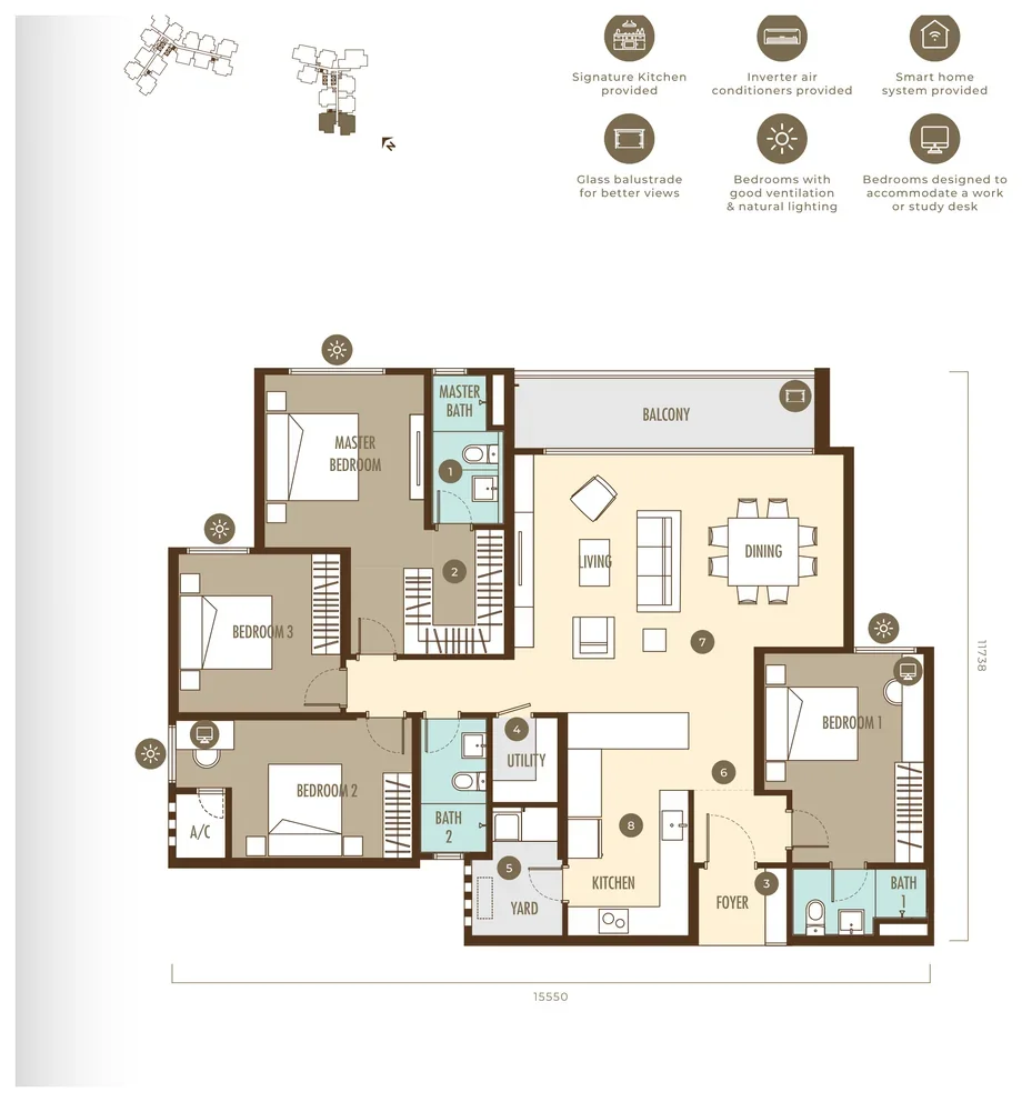 Ayanna Resort Residences Type B floor plan — 1,678 sq ft, 4+1 bedrooms