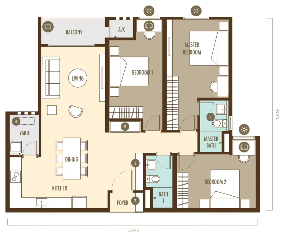 Ayanna Resort Residences Type E floor plan — 1,155 sq ft, 3 bedrooms, 2 bathrooms