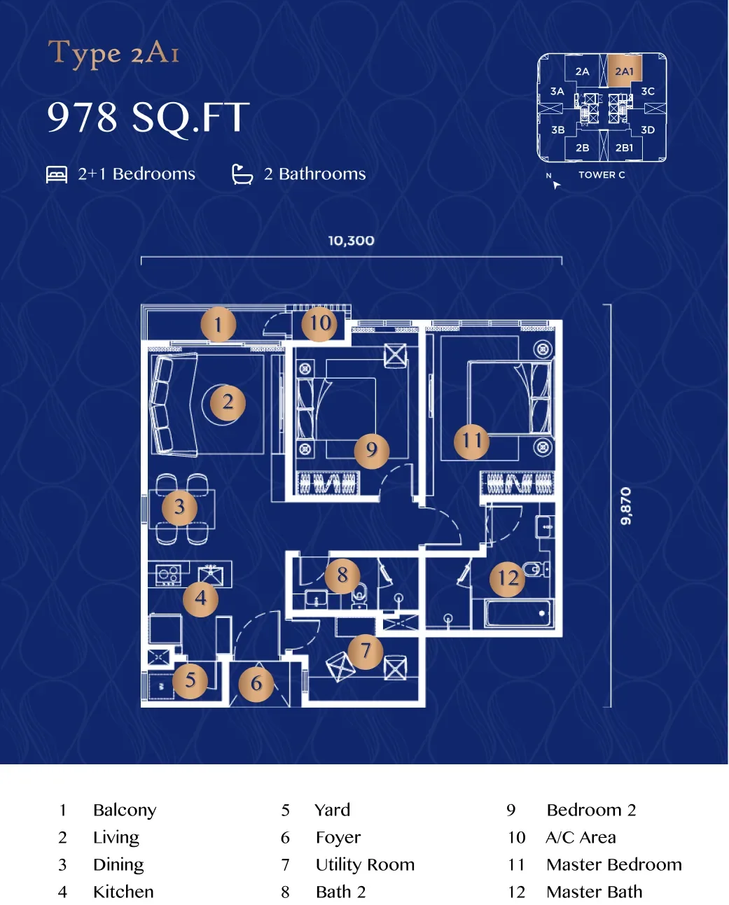 Bangsar Hill Park Talisa Type 2A1 floor plan — 978 sq ft, 2+1 bedrooms