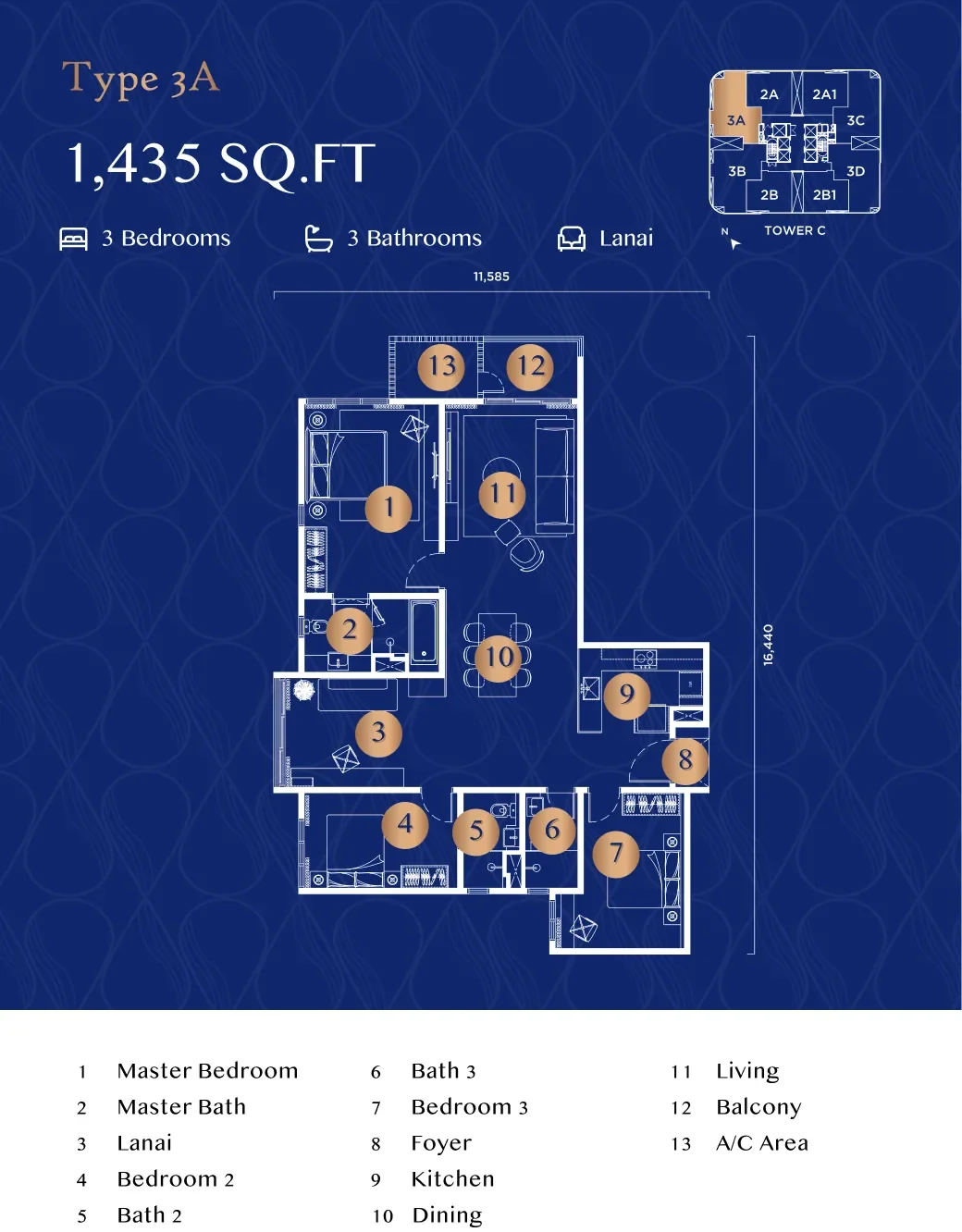Bangsar Hill Park Talisa Type 3A floor plan — 1,435 sq ft, 3 bedrooms
