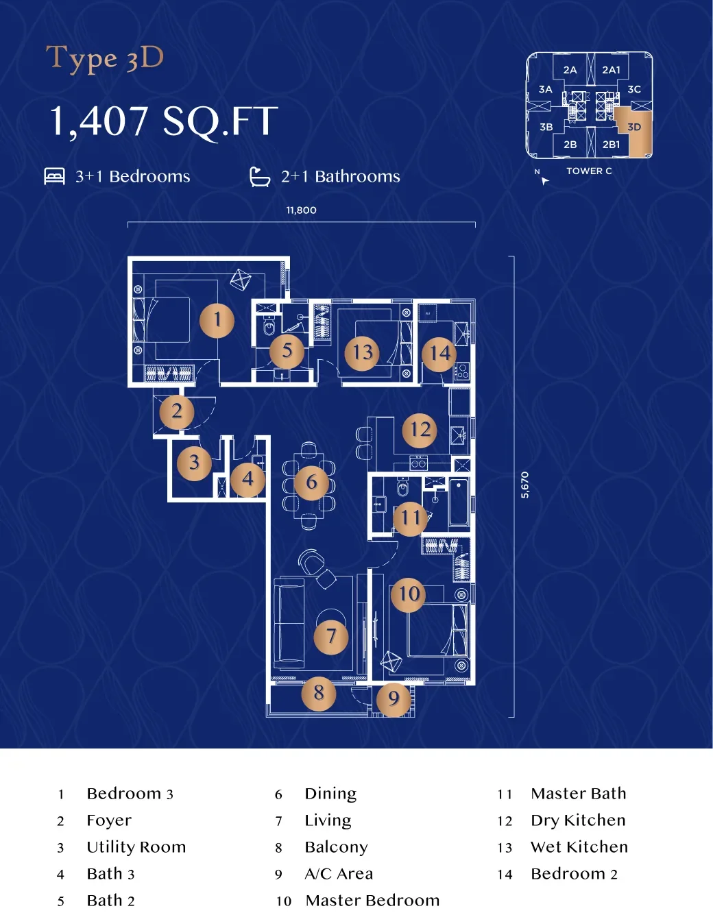 Bangsar Hill Park Talisa Type 3D floor plan — 1,407 sq ft, 3+1 bedrooms