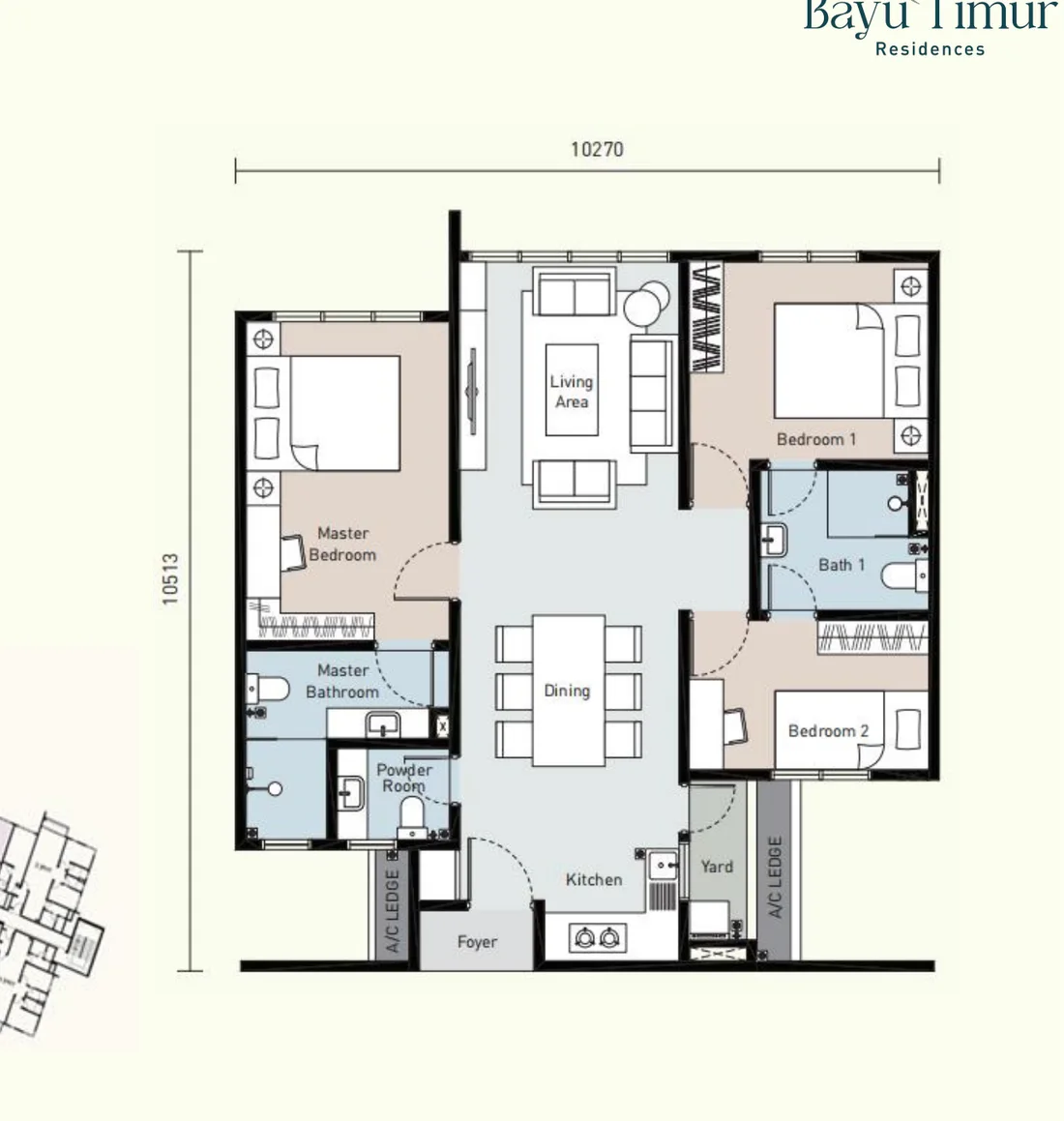Bayu Timur Residences Type A floor plan — 1,000 sq ft