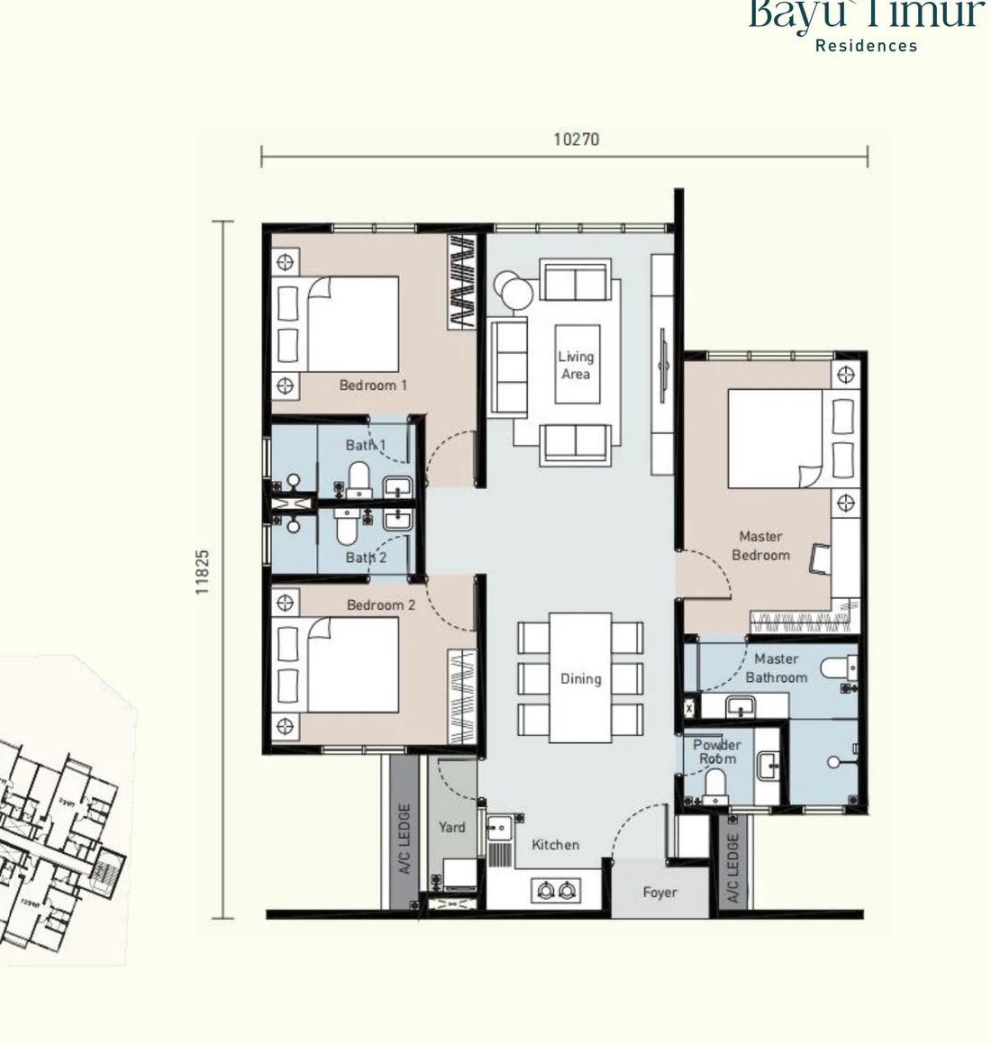 Bayu Timur Residences Type B floor plan — 1,100 sq ft, 3 bedrooms