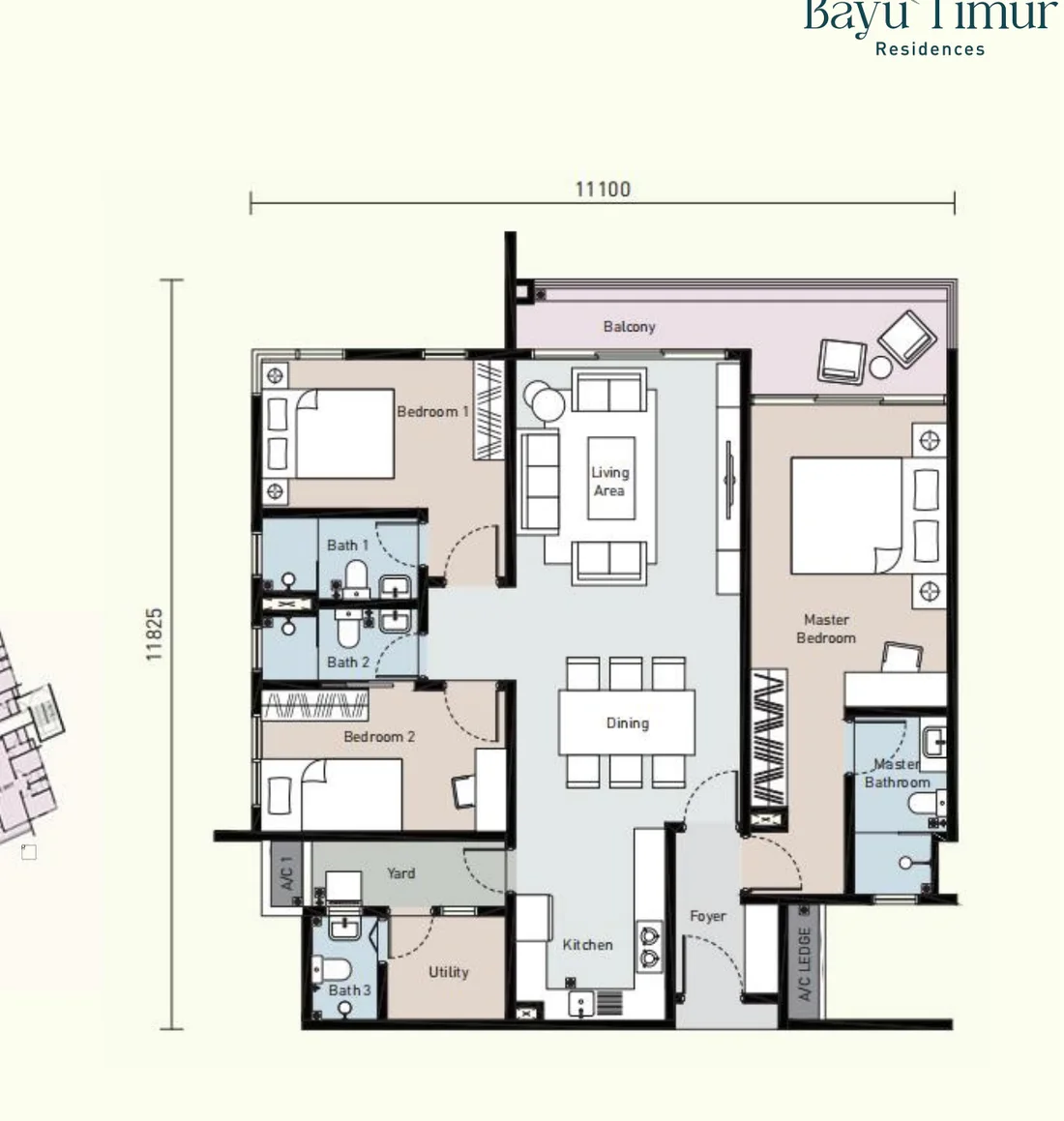 Bayu Timur Residences Type D floor plan — 1,280 sq ft
